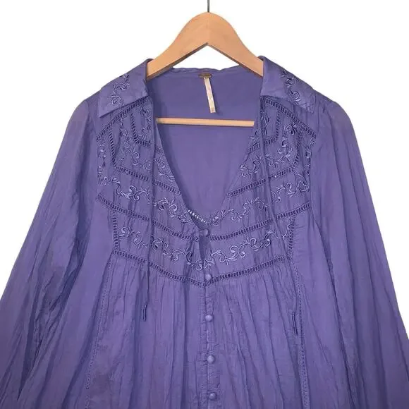 Free People Embroidered Bohemian Western Babydoll Mini Dress Periwinkle Sz M - Picture 6 of 13